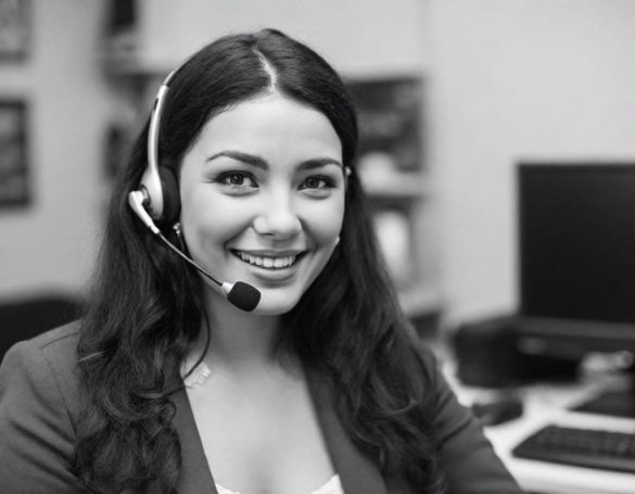 Smiling woman in a headset, sitting at a desk with a computer in the background.